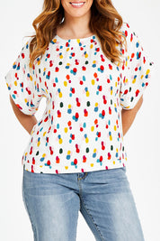 Model Laura wearing size 14 of the Lola Belle Sleeve Top in colour Speckled (White), from the front, cropped image