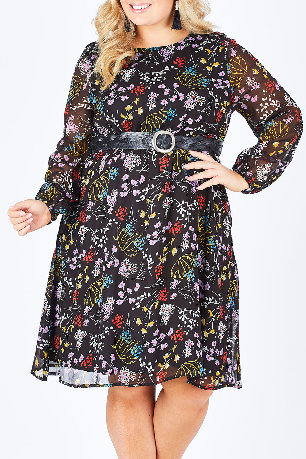 Model Sophie wearing size 18 of the Odette Dress Garden Dweller in colour Black (Black), from the front, cropped image
