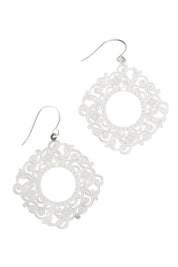 Product shot of the Spanish Laser Lace Earrings in colour Silver (Metallics), from the front