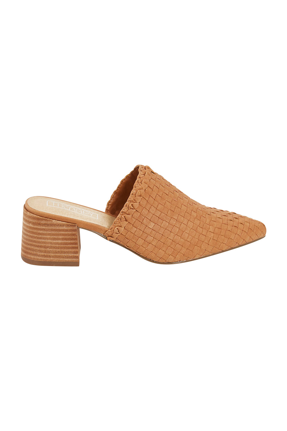 Product shot of the Azure Mule Heel in colour Tan, from the front