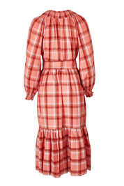 Product shot of the Iman Hemp Check Midi Dress in colour Lightcoral (Pink), from the back