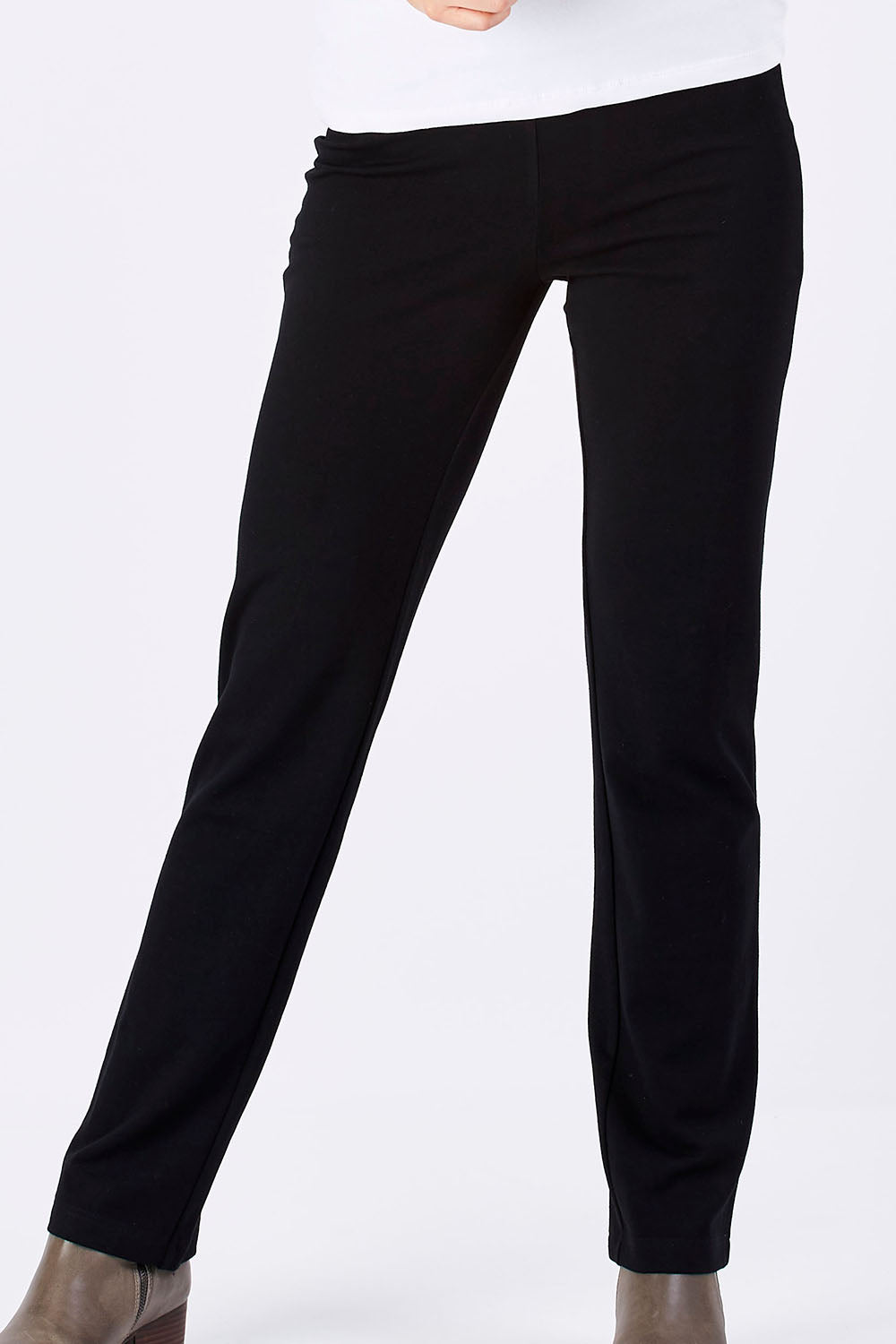 Model Marnee wearing size S of The Slimming Trouser Leg Pant in colour Black (Black), from the front, cropped image