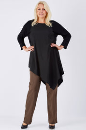 Model Natalie wearing size XL of the Pull On Pant in colour Taupe, from the front, showing the whole outfit