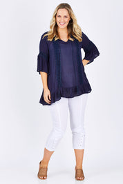 Model Jess wearing size L of the Lace Trim Kaftan in colour Navy (Blue), from the front, showing the whole outfit