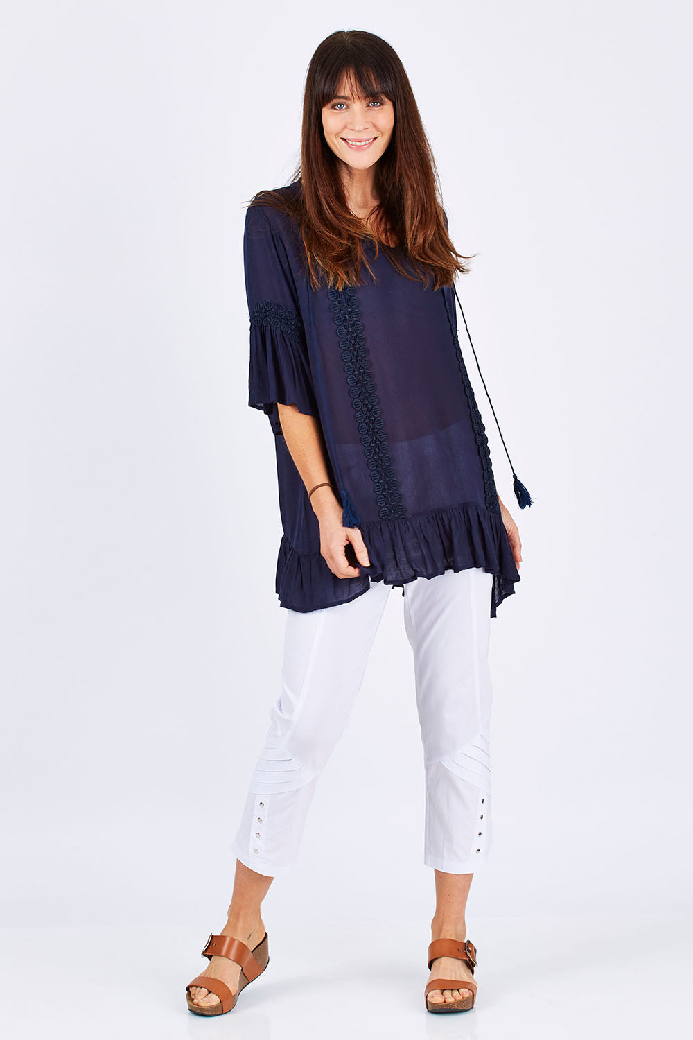 Model Monique wearing size S of the Lace Trim Kaftan in colour Navy (Blue), from the front, showing the whole outfit