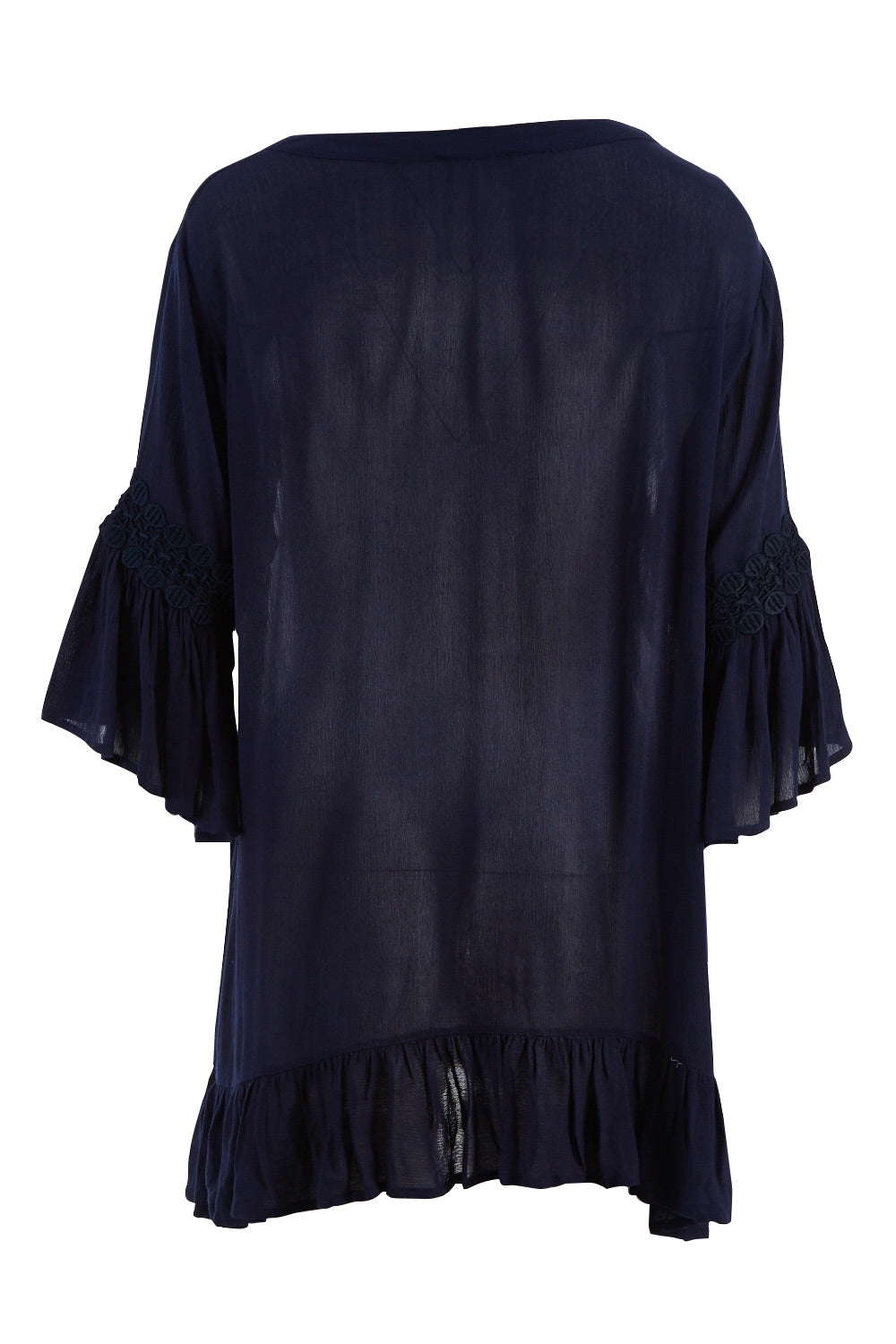 Product shot of the Lace Trim Kaftan in colour Navy (Blue), from the back