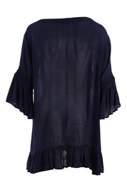 Product shot of the Lace Trim Kaftan in colour Navy (Blue), from the back