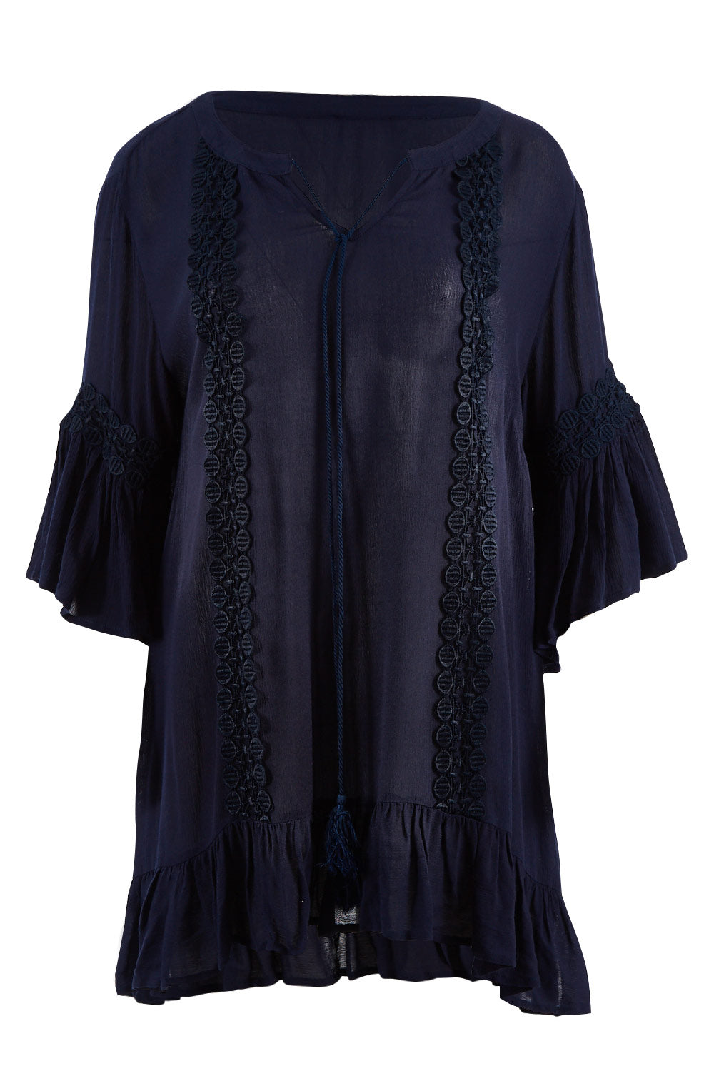 Product shot of the Lace Trim Kaftan in colour Navy (Blue), from the front