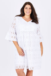 Model Mae wearing size XXL of the Lace Dress in colour White (White), from the front, cropped image