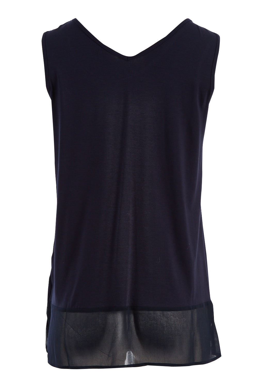 Product shot of the Reversible Scoop/v Neck Tank in colour Navy (Blue), from the back