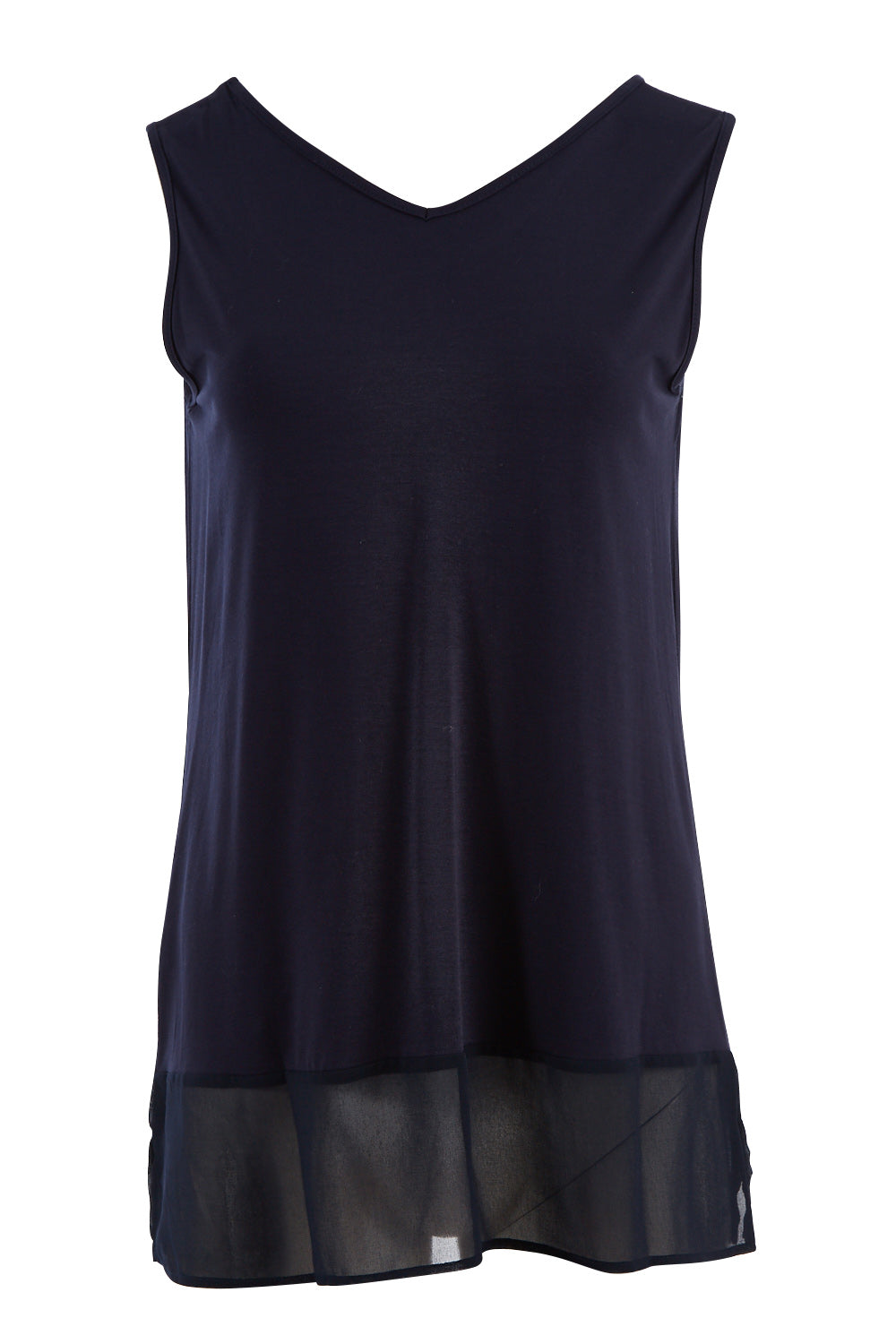 Product shot of the Reversible Scoop/v Neck Tank in colour Navy (Blue), from the front