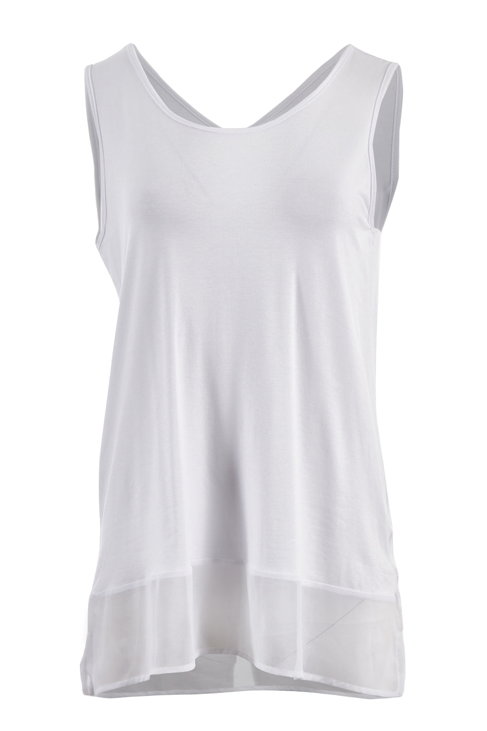 Product shot of the Reversible Scoop/v Neck Tank in colour White (White), detail