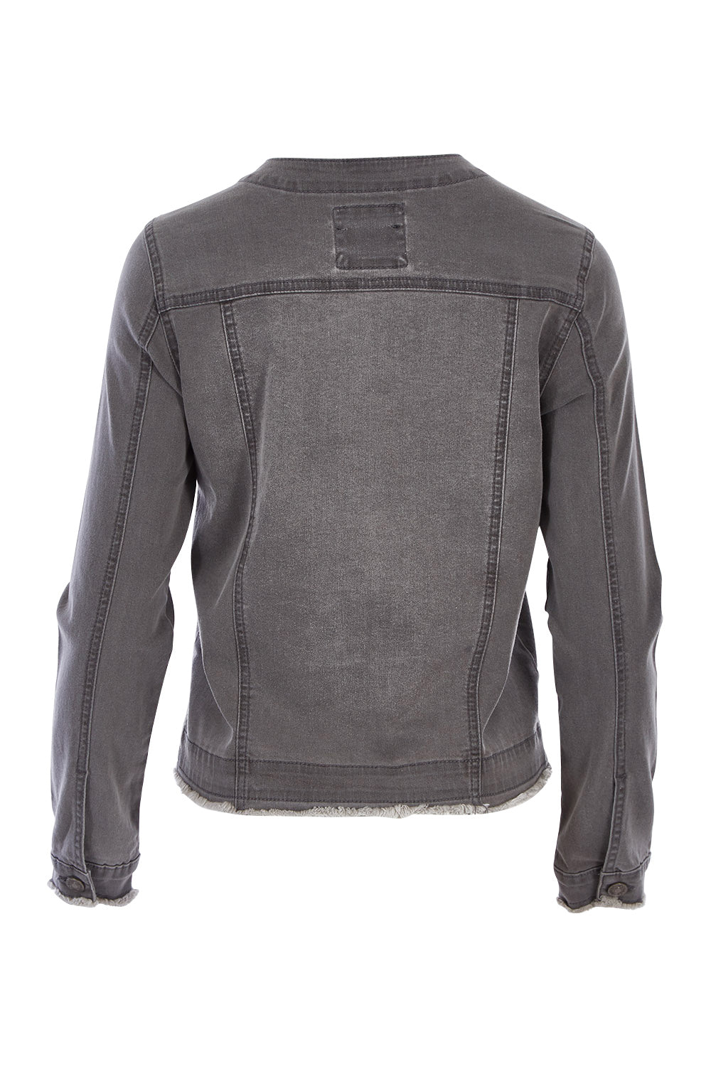 Product shot of the Collarless Jacket in colour Charcoal (Grey), from the back