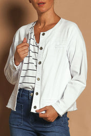 Model Katie wearing size S of the Collarless Jacket in colour White (White), from the front, cropped image