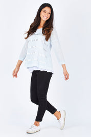 Model Gemma wearing size S of the Foil Striped 2 In 1 Top in colour Blue (Blue), from the front, showing the whole outfit