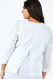 Model Shanaya wearing size L of the Foil Striped 2 In 1 Top in colour Blue (Blue), from the back