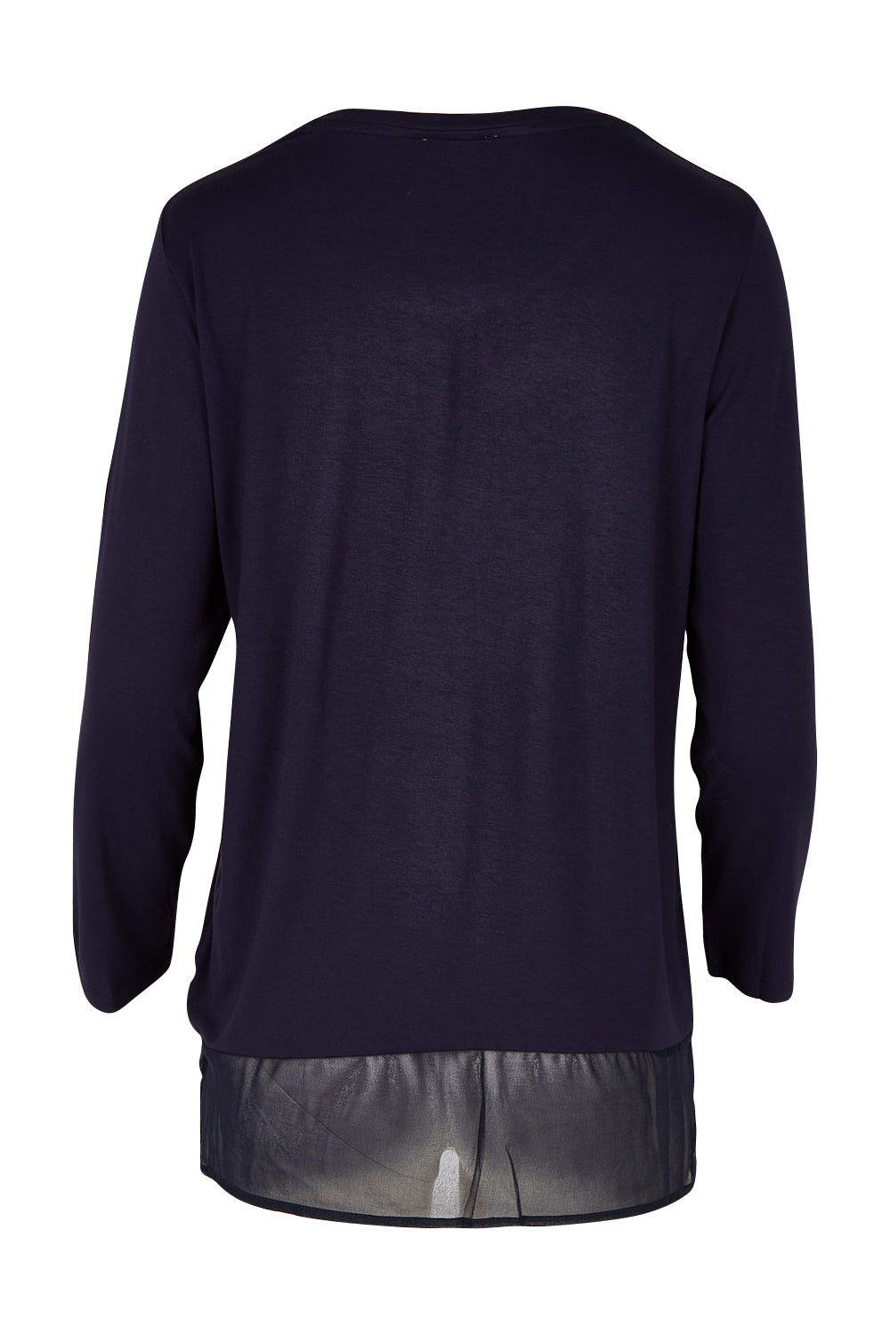Product shot of the L/S Georgette Hem Top in colour Navy (Blue), from the back