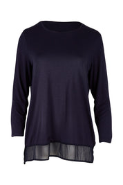 Product shot of the L/S Georgette Hem Top in colour Navy (Blue), from the front