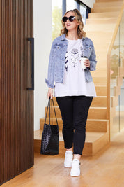 A model wearing the Pull On Ripped Jeans in colour Black (Black), from the front, showing the whole outfit