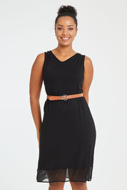Model Noli wearing size L of the Reversible Essential Slip Dress in colour Black (Black), from the front, cropped image