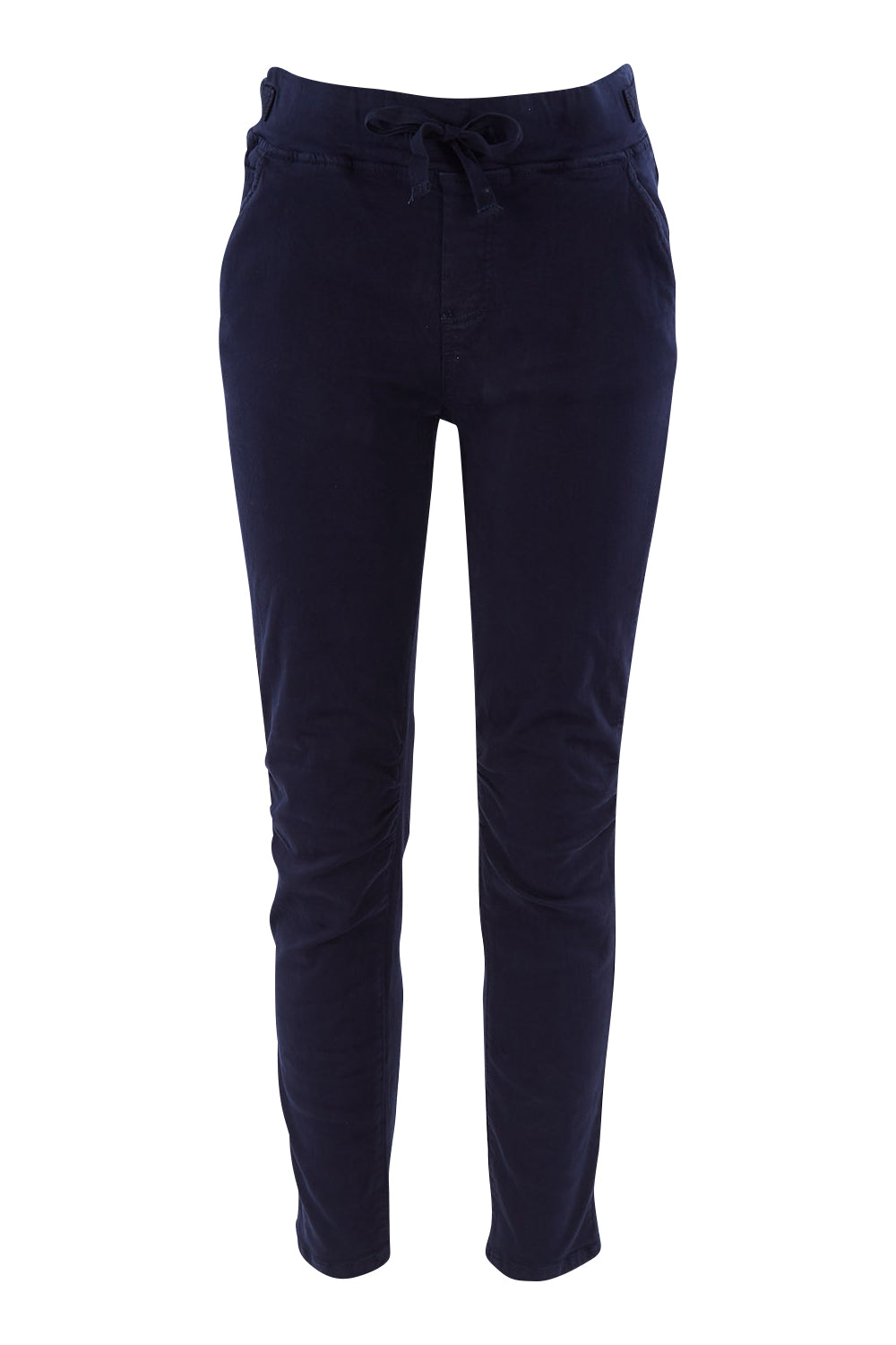 Product shot of the Jogger Jean in colour Navy (Blue), from the front