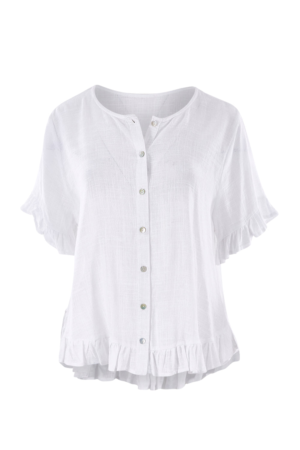 Product shot of the Frill Detail Button Top in colour White (White), from the front