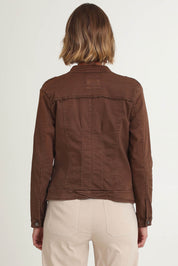 Model Riina wearing size S of the Military Denim Jacket in colour Chocolate, from the back