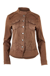Product shot of the Military Denim Jacket in colour Chocolate, from the front
