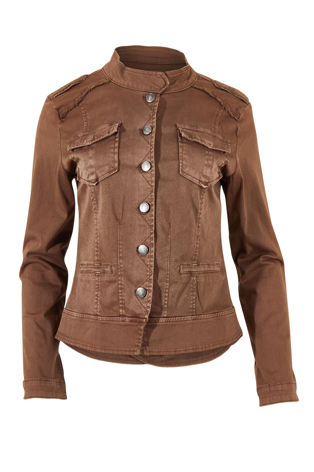 Product shot of the Military Denim Jacket in colour Chocolate, from the front