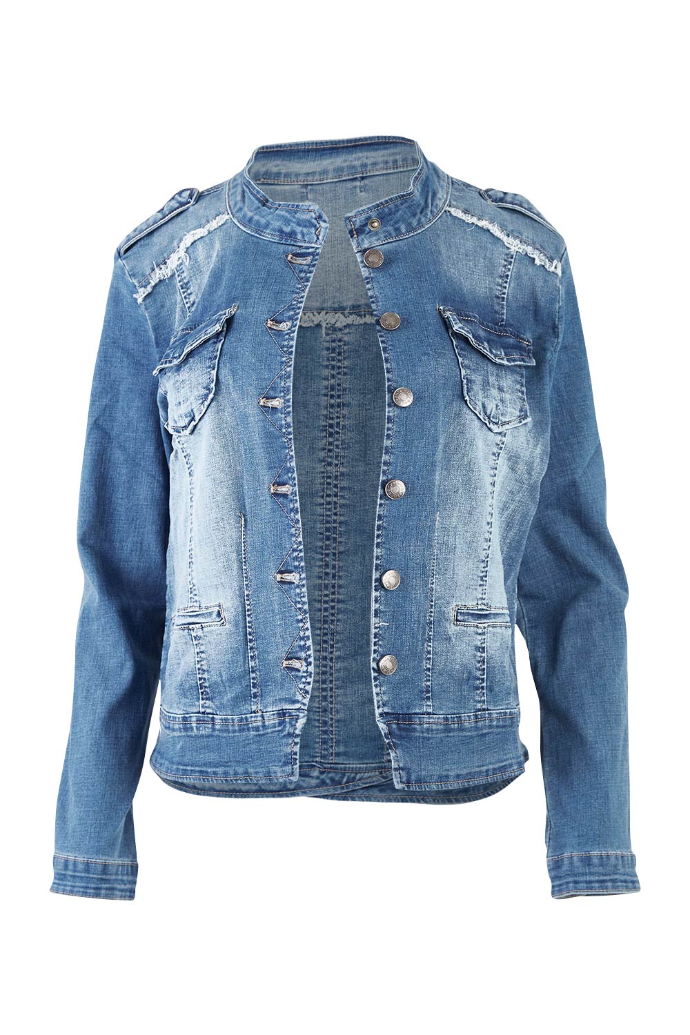 Product shot of the Military Denim Jacket in colour Denim (Blue), from the front