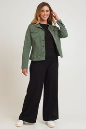 Model Chanel wearing size XL of the Military Denim Jacket in colour Khaki (Green), from the front, showing the whole outfit