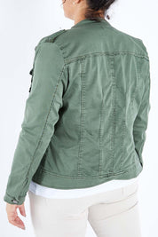 Model Sasha-Lee wearing size XL of the Military Denim Jacket in colour Khaki (Green), from the back
