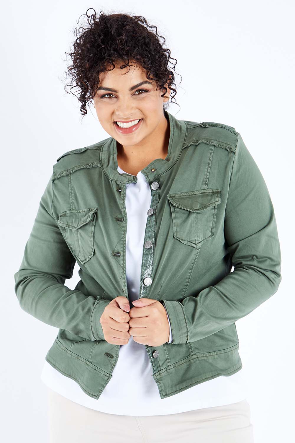 Model Sasha-Lee wearing size XL of the Military Denim Jacket in colour Khaki (Green), from the front, cropped image
