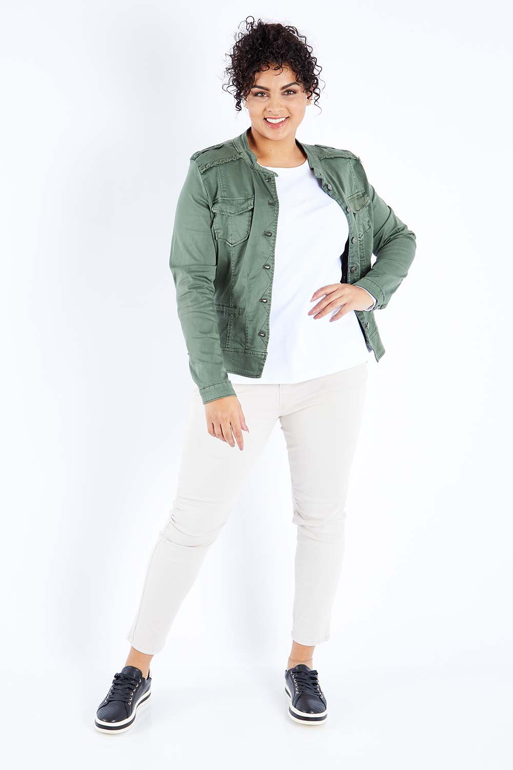 Model Sasha-Lee wearing size XL of the Military Denim Jacket in colour Khaki (Green), from the front, showing the whole outfit