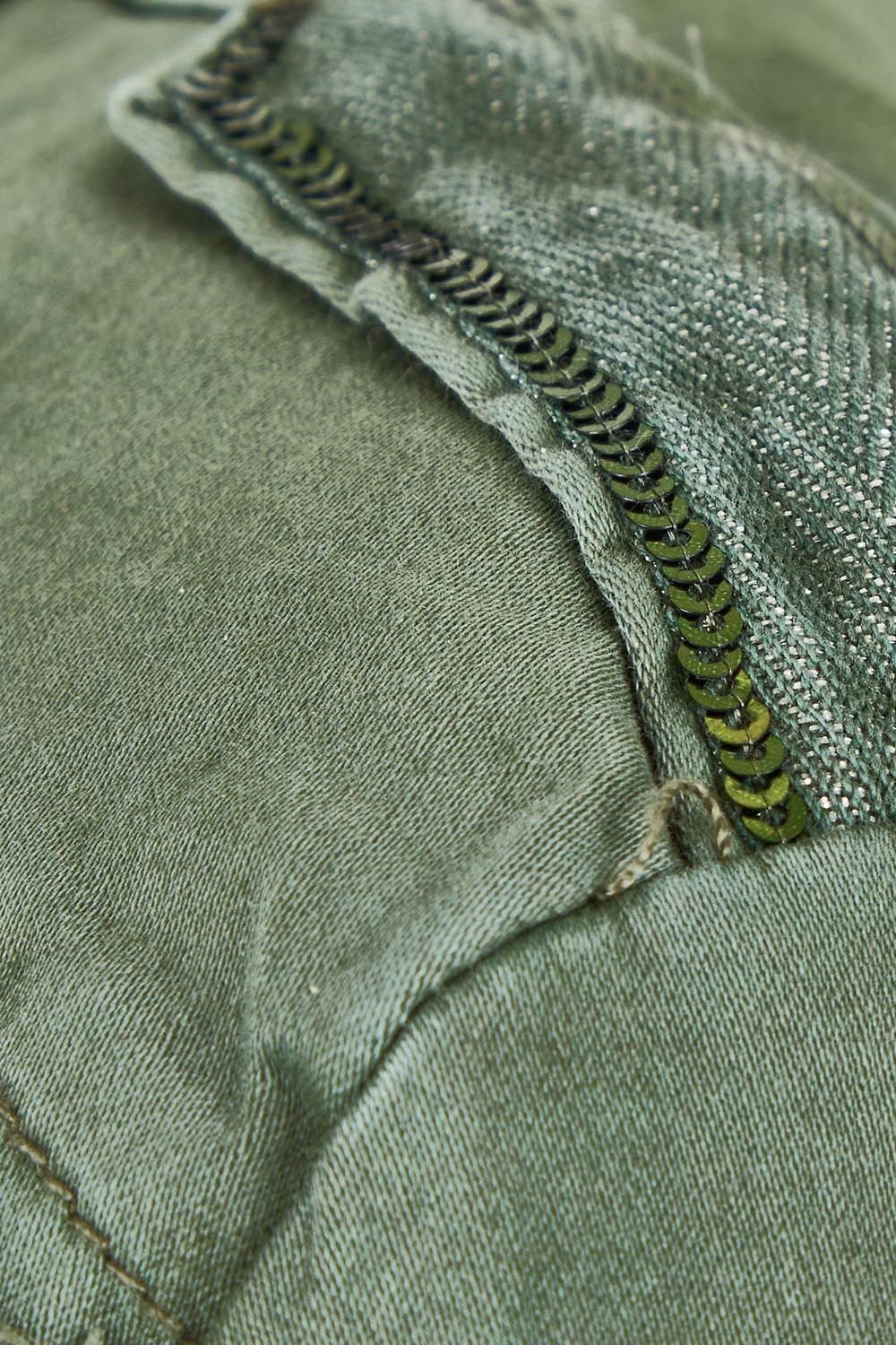 Product shot of the Military Denim Jacket in colour Khaki (Green), detail