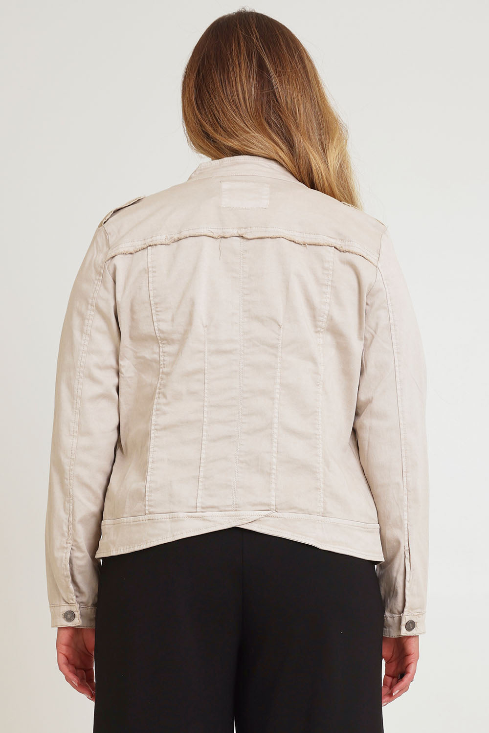Model Chanel wearing size XL of the Military Denim Jacket in colour Natural, from the back