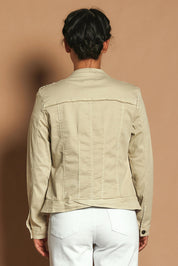 Model Katie wearing size S of the Military Denim Jacket in colour Natural, from the back