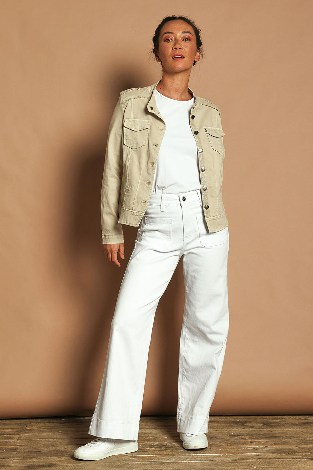 Model Katie wearing size S of the Military Denim Jacket in colour Natural, from the front, showing the whole outfit