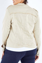 Model Sasha-Lee wearing size XL of the Military Denim Jacket in colour Natural, from the back