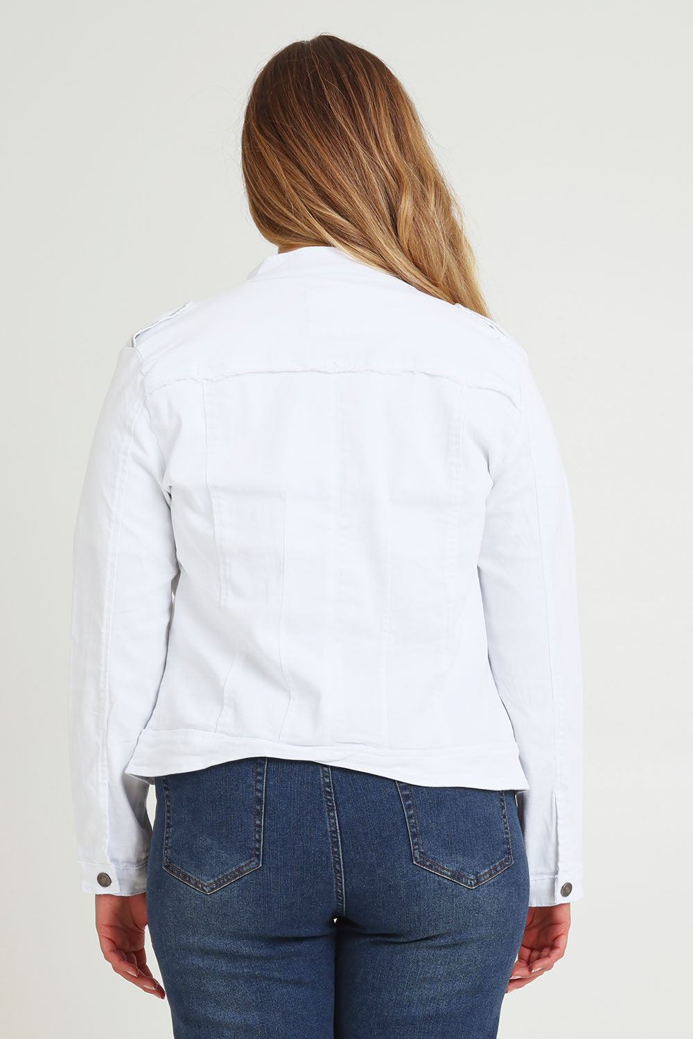 Model Chanel wearing size XL of the Military Denim Jacket in colour White (White), from the back