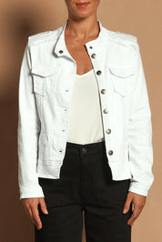 Model Katie wearing size S of the Military Denim Jacket in colour White (White), from the front, cropped image