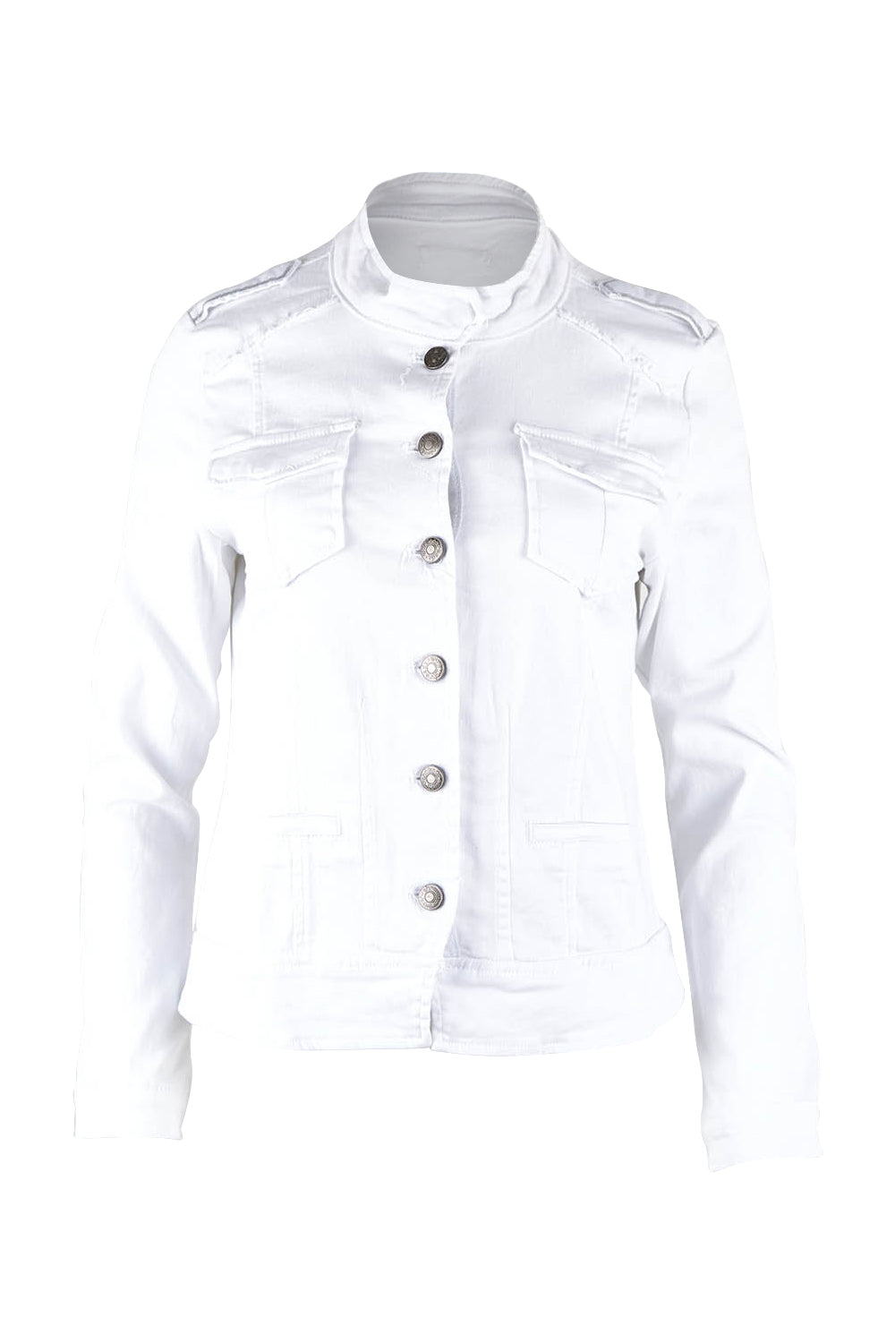 Product shot of the Military Denim Jacket in colour White (White), from the front
