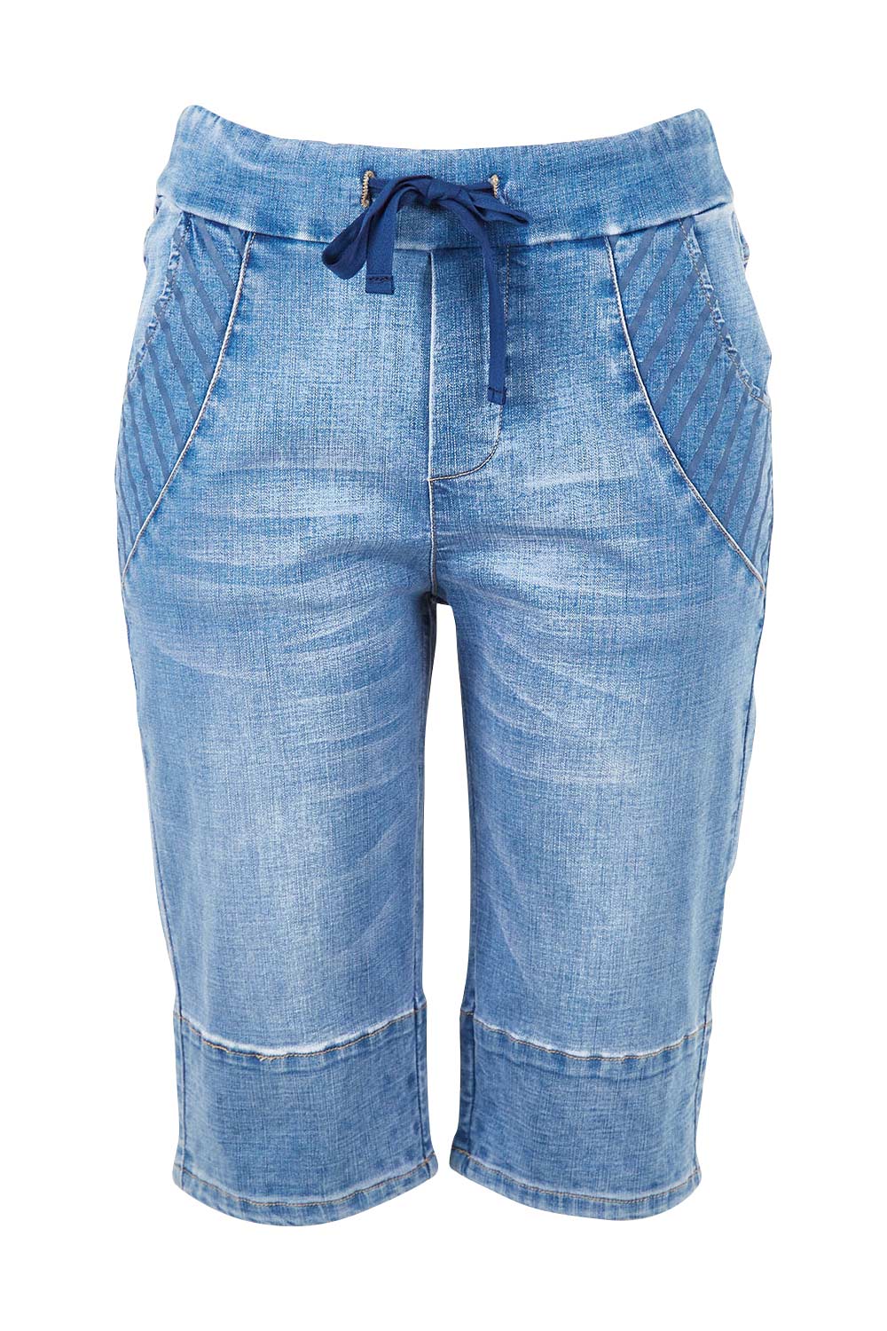 Product shot of the Jogger Short in colour Denim (Blue), from the front