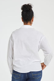 Model Noli wearing size L of the Tie Front Poplin Shirt in colour White (White), from the back