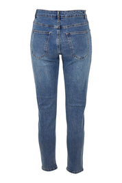 Product shot of the Sophie Mom Jean in colour Denim (Blue), from the back