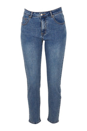 Product shot of the Sophie Mom Jean in colour Denim (Blue), from the front