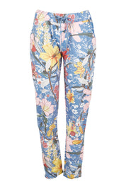 Product shot of the Leaf Print Crushed Jean in colour Multi (Blue), from the front