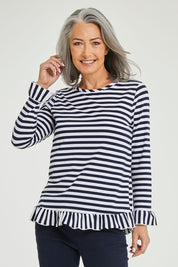 Model Luisa wearing size S of the Frilled Hem Stripe Tee in colour Navy (Blue), from the front, cropped image
