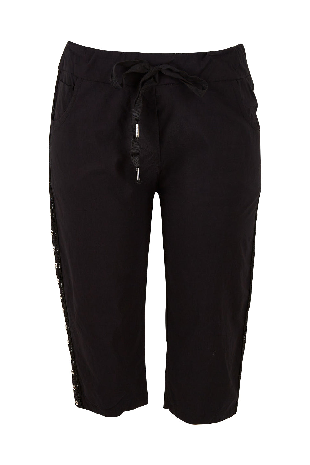 Product shot of the Crushed Jean Short in colour Black (Black), from the front