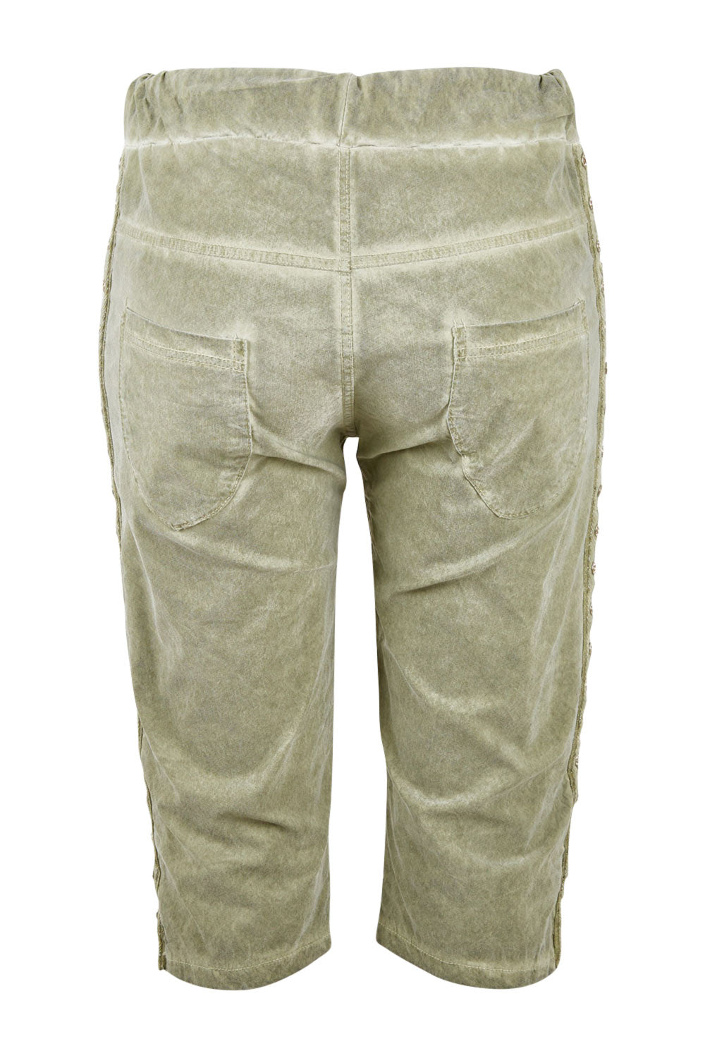 Product shot of the Crushed Jean Short in colour Khaki (Green), from the back